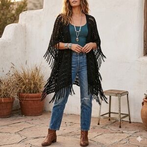 Sundance‎ Crocheted Black Open Front Cardigan Fringe  Size M/L